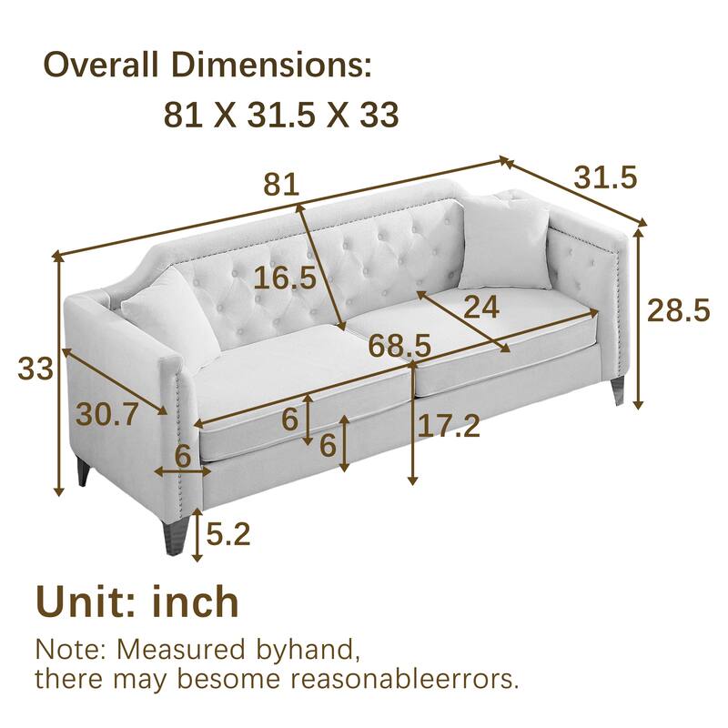 Chenille Sofa with Golden Metal Legs, 3-Seater Couch with Solid Wood Frame and 750 lbs Capacity