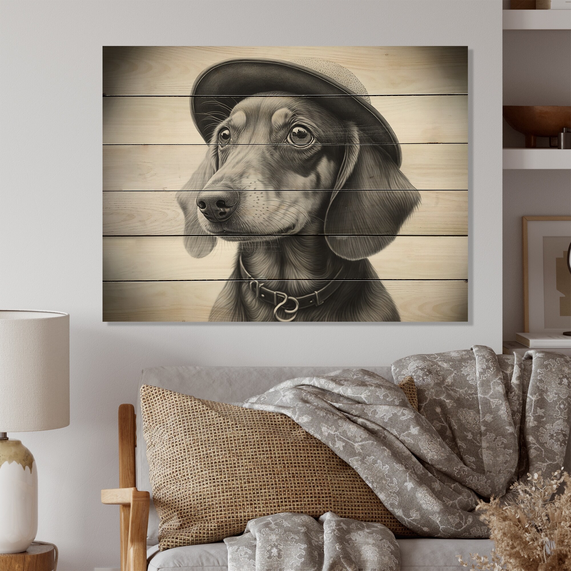 Designart Black And White Dachshund With A Hat Animals Dog Wood Wall Art Natural Pine Wood