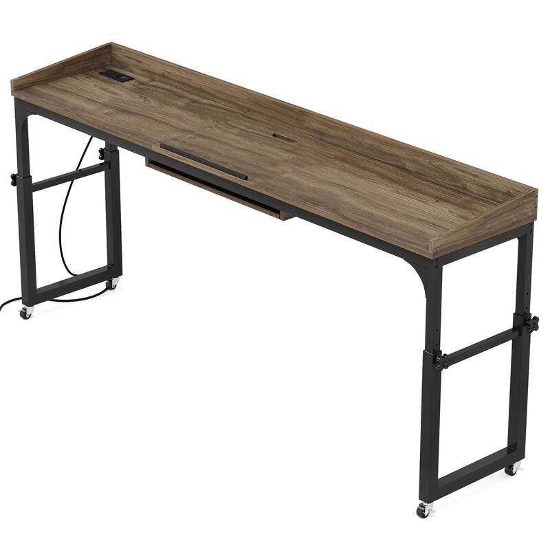 35.4" to 43.3" Height Adjustable Overbed Table with Wheels, 70.8" Queen Size Mobile Laptop Desk, Built-in Outlets & USB Ports