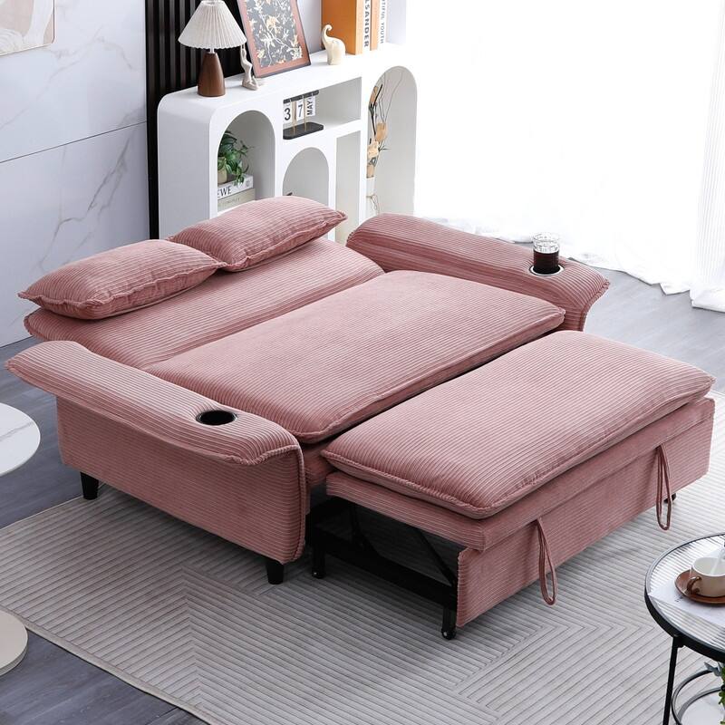 65.7" Corduroy Upholstered Pull-out Sofa With Cup Holder