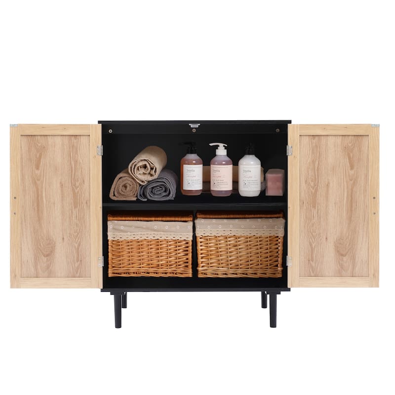 2-Door Rattan Storage Cabinet-Light Oak and Black Wood