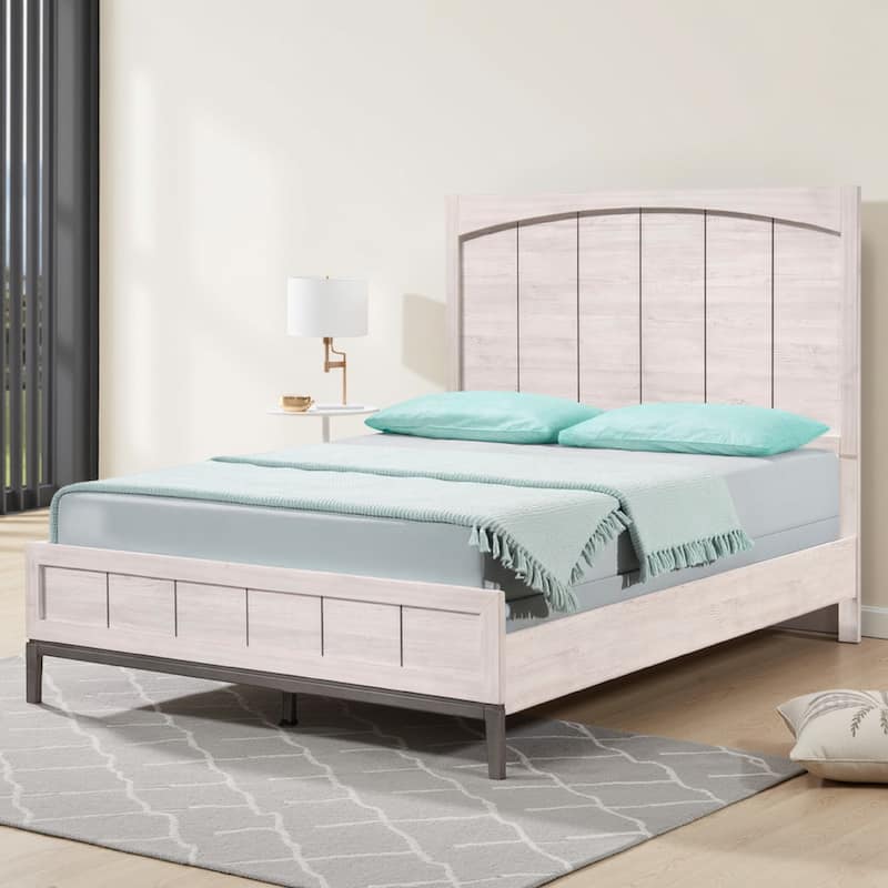 Vice Queen Size Bed, Panel Headboard Design, Gray, Light Washed Brown Wood