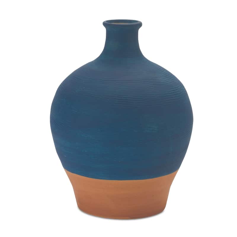9" Blue And Terra Cotta Ceramic Round Urn - 6.25
