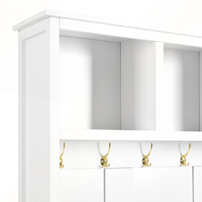 Versatile 4-in-1 Hall Tree with 6 Golden Hooks and Wood Grain Bench