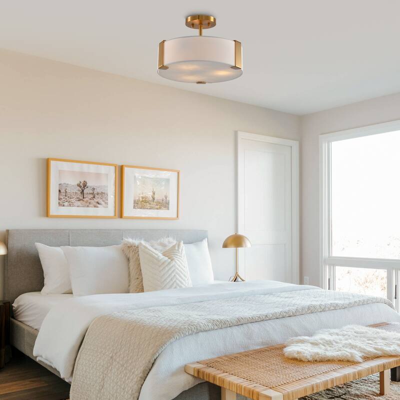 14 in. Modern Gold Drum Semi-Flush Mount Ceiling Light with Fabric Shade - 14" D x 14" W x 9.13" H