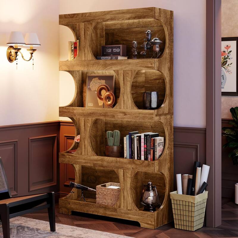 71" Tall Bookcase, 4-Tier S-Shaped Bookshelf, Wood Decorative Storage Shelving