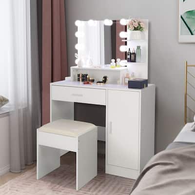 Large Vanity Set with 10 LED Bulbs, Makeup Table with Cushioned Stool White