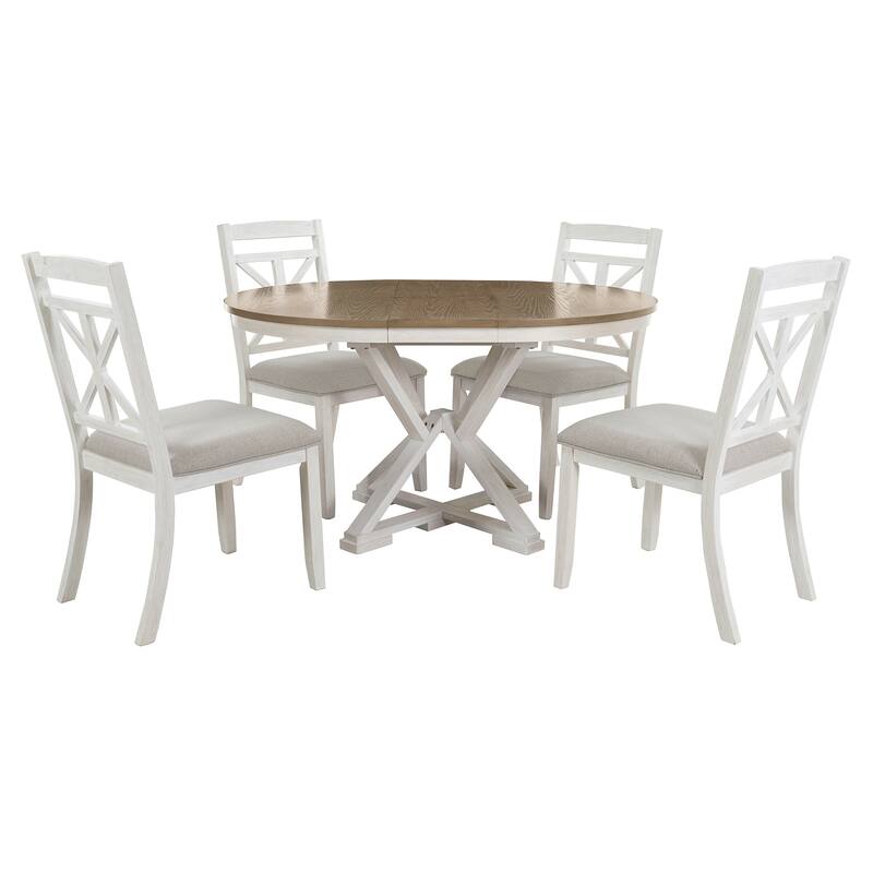 5-Piece Dining Table Set, Extendable Round Table and 4 Upholstered Chairs