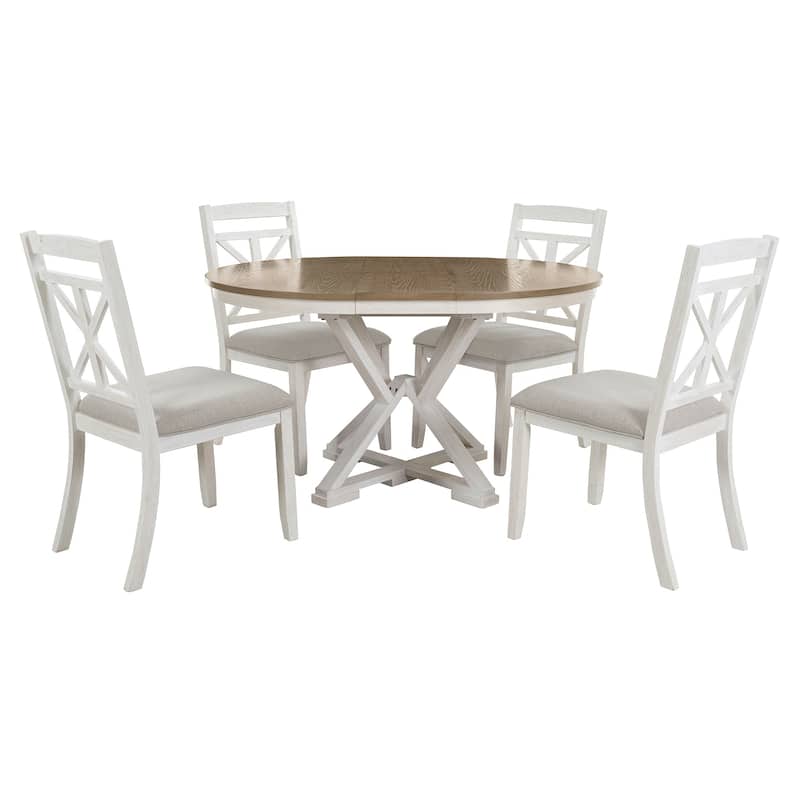 5-Piece Retro Functional Dining Table Set Extendable Round Table and 4 Upholstered Chairs for Dining Room and Living Room