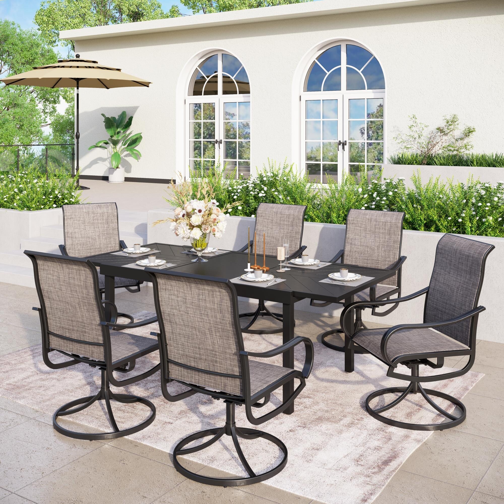 テーブル/チェア SUS PLATE SET PHI VILLA 7-Piece Metal Outdoor Dining Set with Beige