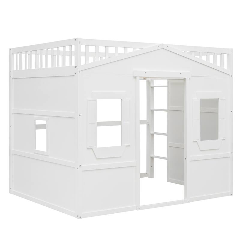 Full Size House Loft Bed, Wood House Bed Frame with Windows, Child Loft Bed with Ladder and Safety Guardrails