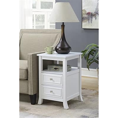 Elegant Transitional End Table with Two Drawers, Open Shelf, Pewter Knobs and Saber Legs for Living Room Storage - 15.75