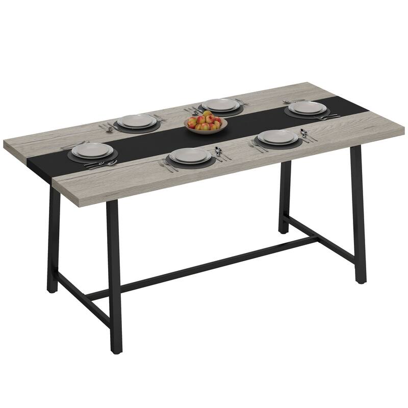 Dining Table with Wood Grain Top & Black Steel Legs, Scratch-Resistant Kitchen Table Work Table