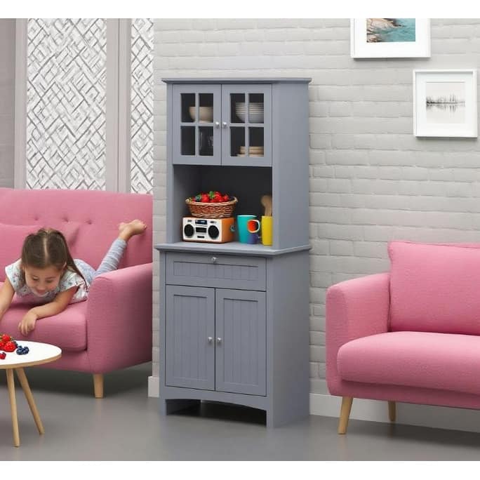 Freestanding 4-Door Pantry 64.5"Tall Wood Storage Cabinet with Open Countertop and Drawers, Kitchen Cupboard with Shelves
