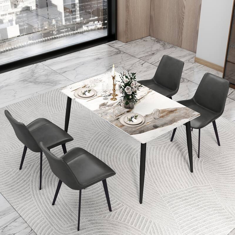 55" Modern Dining Table, White Sintered Stone Tabletop Dining Table with Black Iron Legs - Pandora