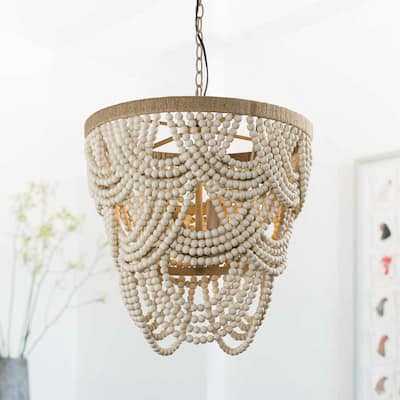 Bohemia 4-Light Off-white Adjustable Distressed Beaded Pendant Chandelier - 19.7-in W x 21.7-in H