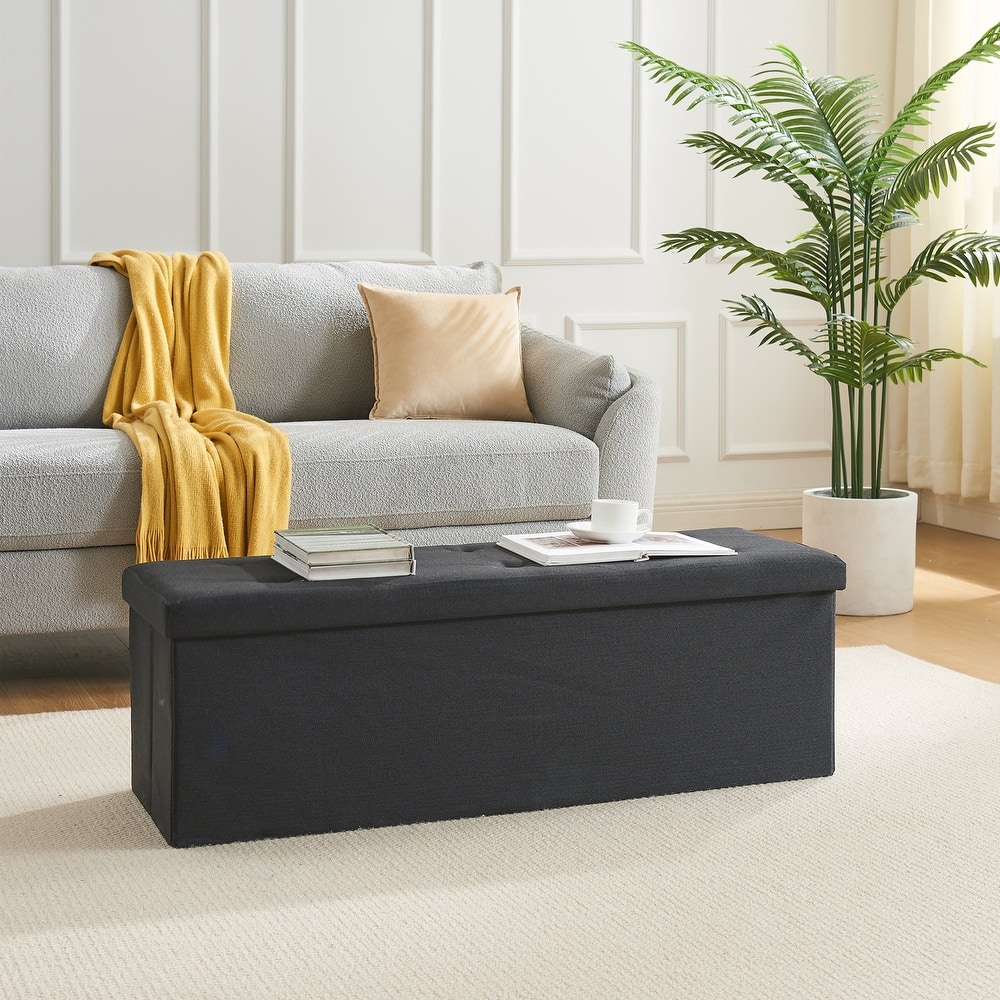 Javlergo 15" Foldable Storage Ottoman, Tufted Linen Foot Rest Stool/Seat Toy Chest