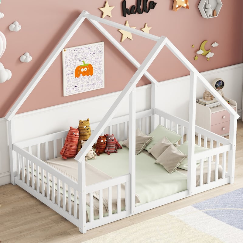 Full Wood House-Shaped Floor Bed with Fence, Guardrails, White