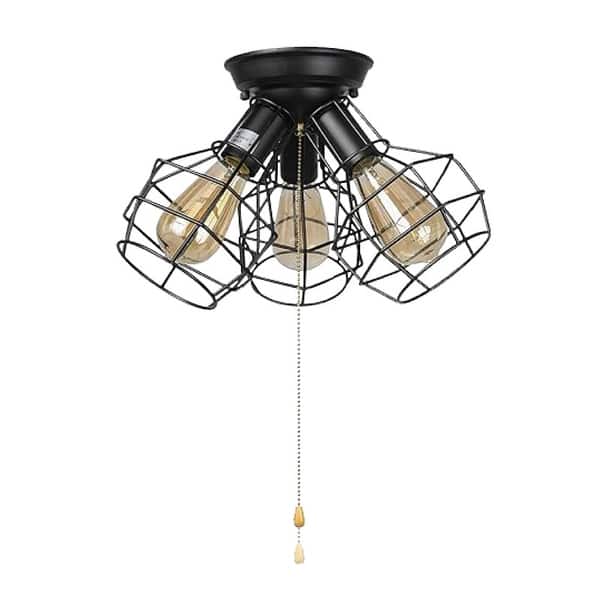 3 light vintage industrial wire cage pull string ceiling light fixture