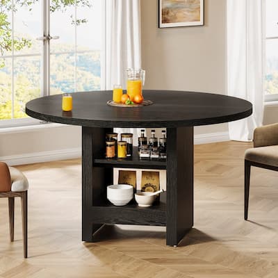 Black Round Dining Table, 47'' Modern Kitchen Table with Storage Shelf