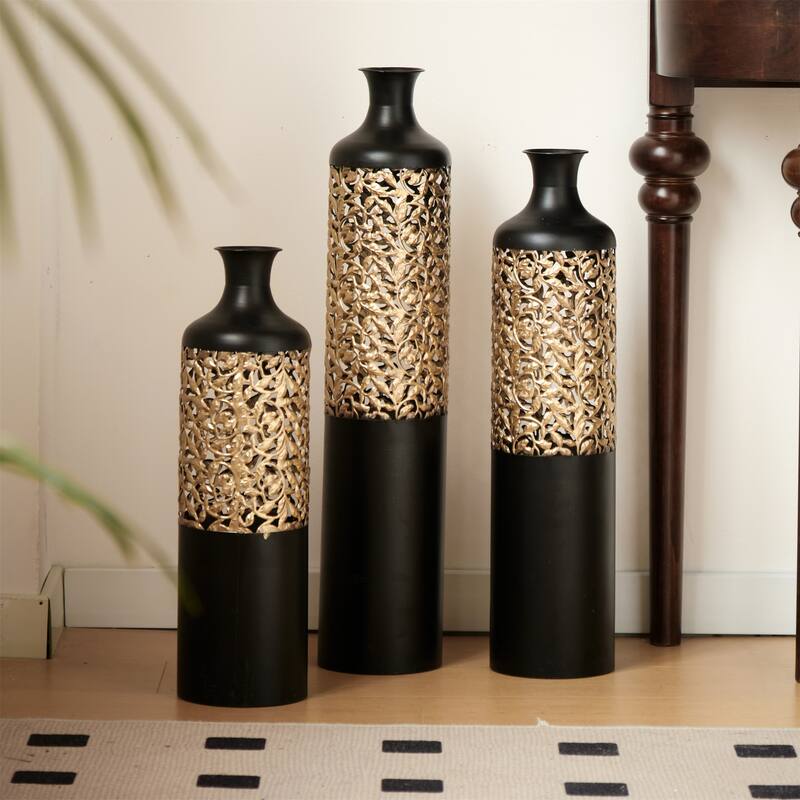Decorated Floor Glazed Metal Vases (Set of 3)