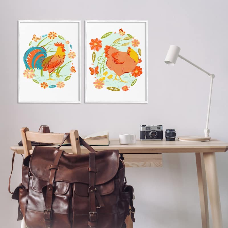 Stupell Rooster & Hen with Florals Framed Giclee Art Design By Hannah Moren (Set of 2)