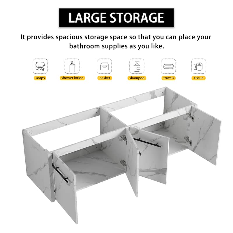 Modern 60 Inch Wall-Mounted Bathroom Vanity Base with Soft-Close Doors, No Sink Included
