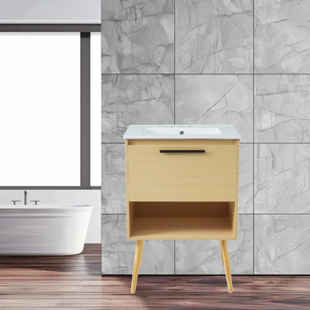 Modern 24" Bathroom Vanity with Ceramic Sink, Single Drawer Storage, Solid Wood Legs