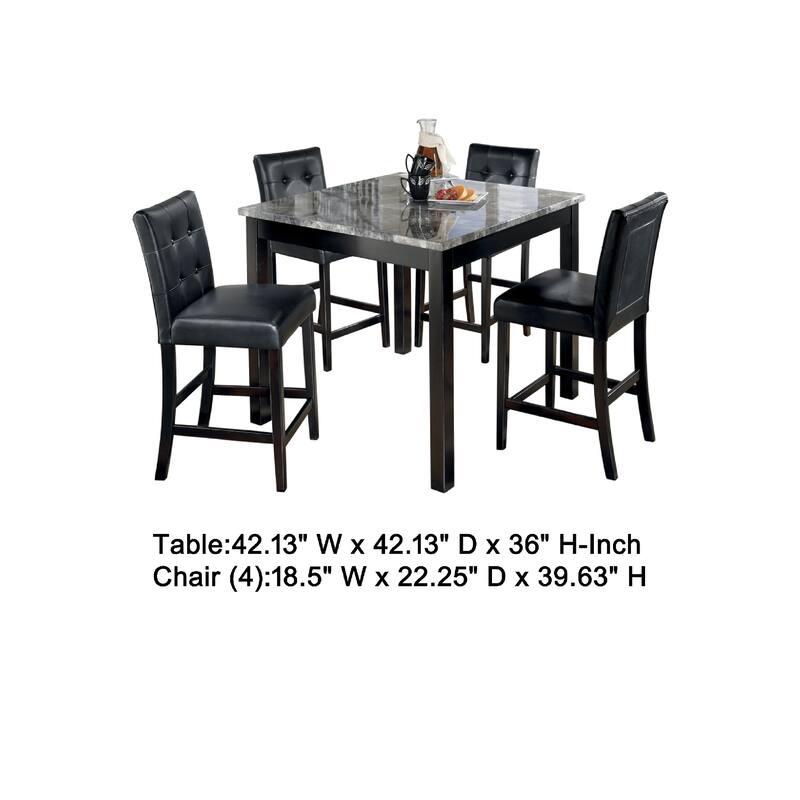Jey 5pc Counter Height Dining Set, Faux Marble Table, Black Tufted Chairs