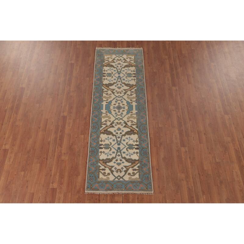 Earth Tone Oushak Runner Rug Hand-Knotted Wool Carpet - 2'7"x 7'9"
