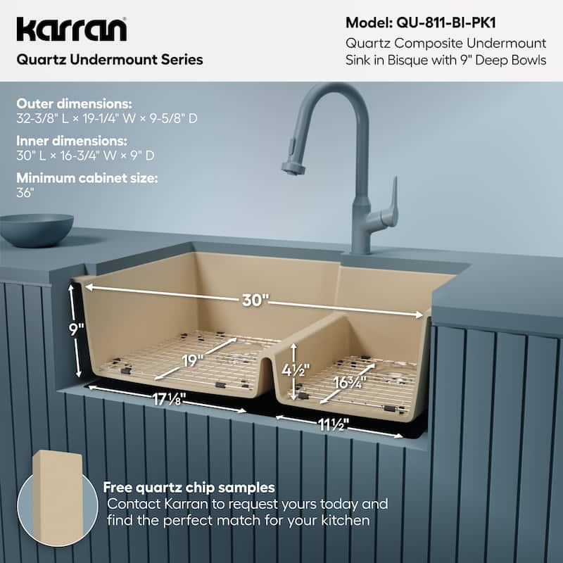 Karran 32" Undermount Large/Small Bowl Quartz Kitchen Sink Kit - 32" x 21.25" x 9"