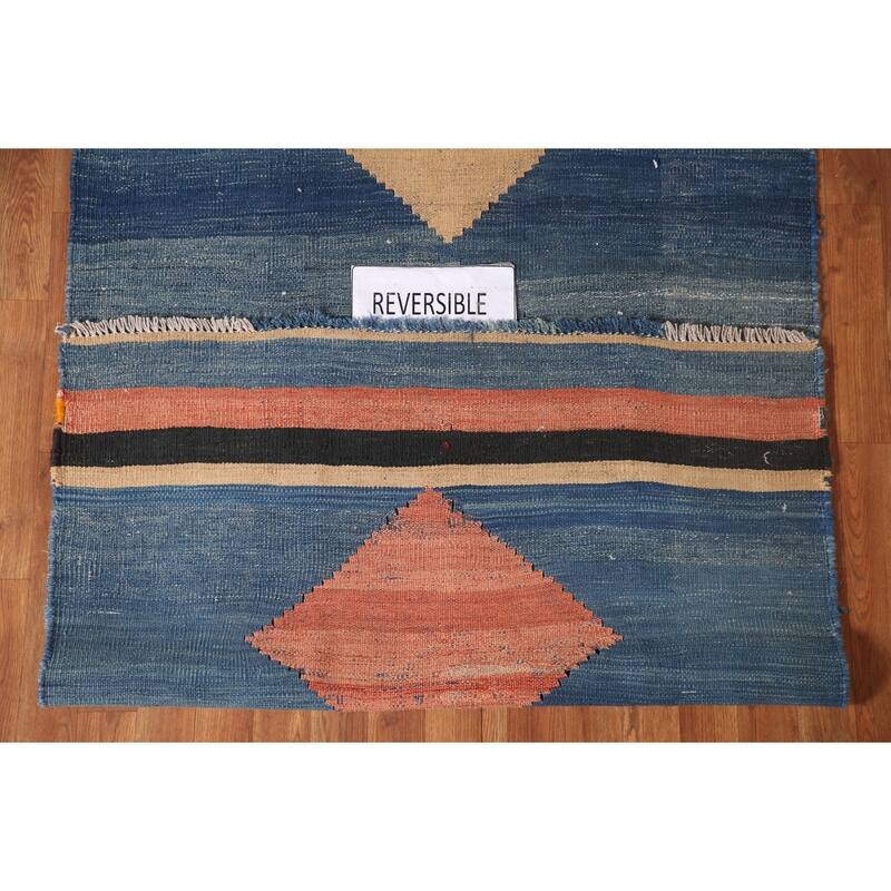 Blue Geometric Kilim Qashqai Persian Area Rug Flatweave Wool Carpet - 3'10" x 8'2"