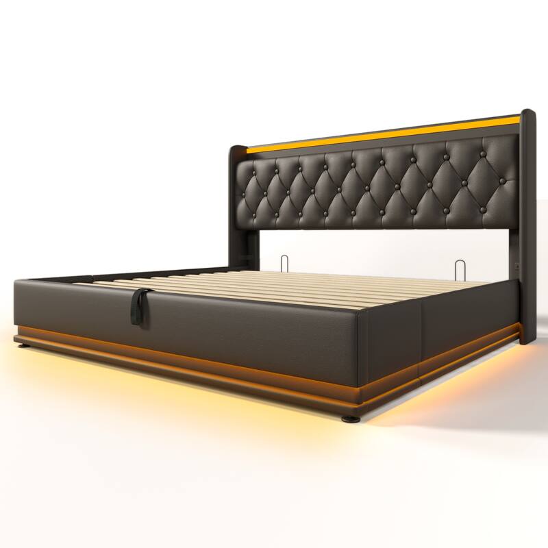 High Technology LED Storage Bed Platform Bed Upholstered Bed Frame with Tufted Design Headboard and USB Charging, Faux Leather