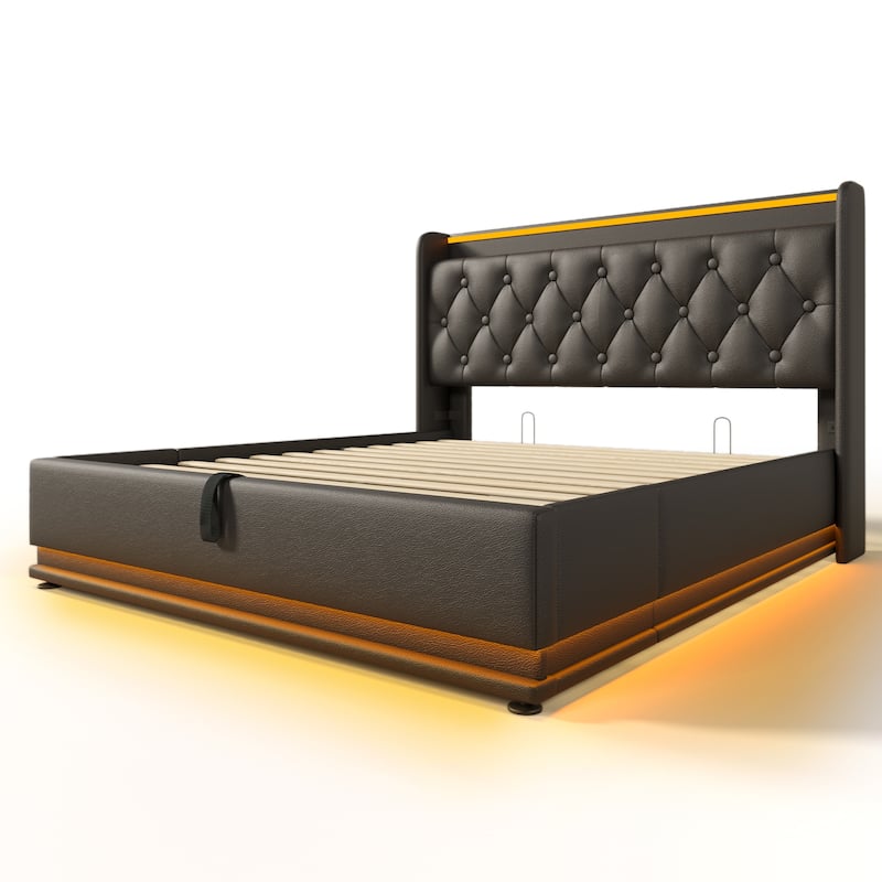 360° LED Light Upholstered Full Bed with USB Charging, Hydraulic Storage, Tufted Headboard, Remote Control