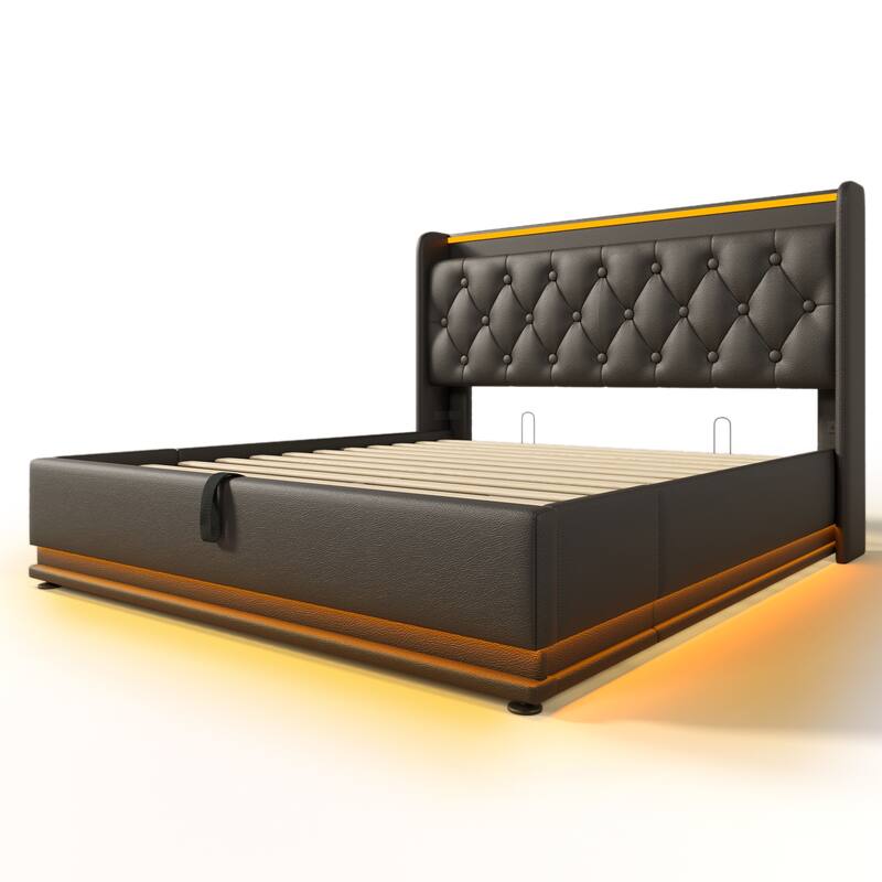 Metal Frame Storage Bed LED PU Upholstered Platform Bed, Queen