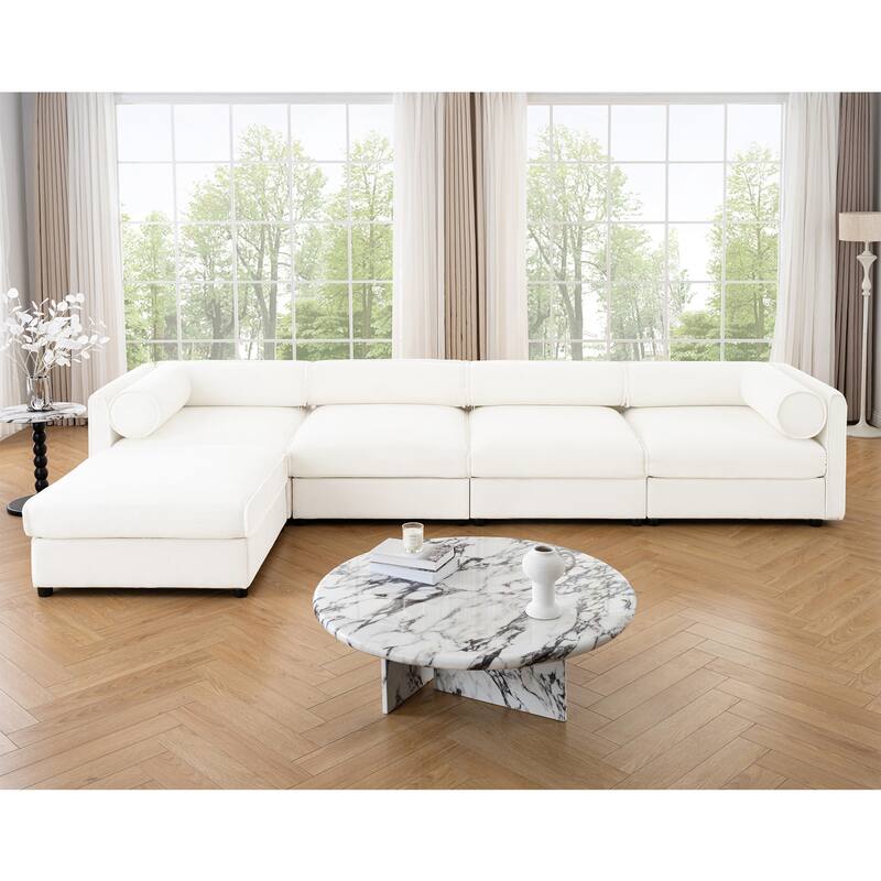 Modern 5-Piece L-Shaped Modular Sofa with Storage & 1 Storage Ottoman - White