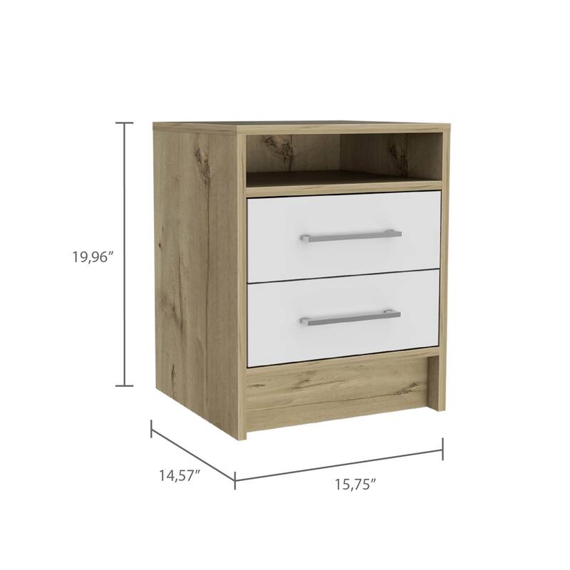White and Light Oak 2-Drawer 1-Shelf Rectangle Nightstand