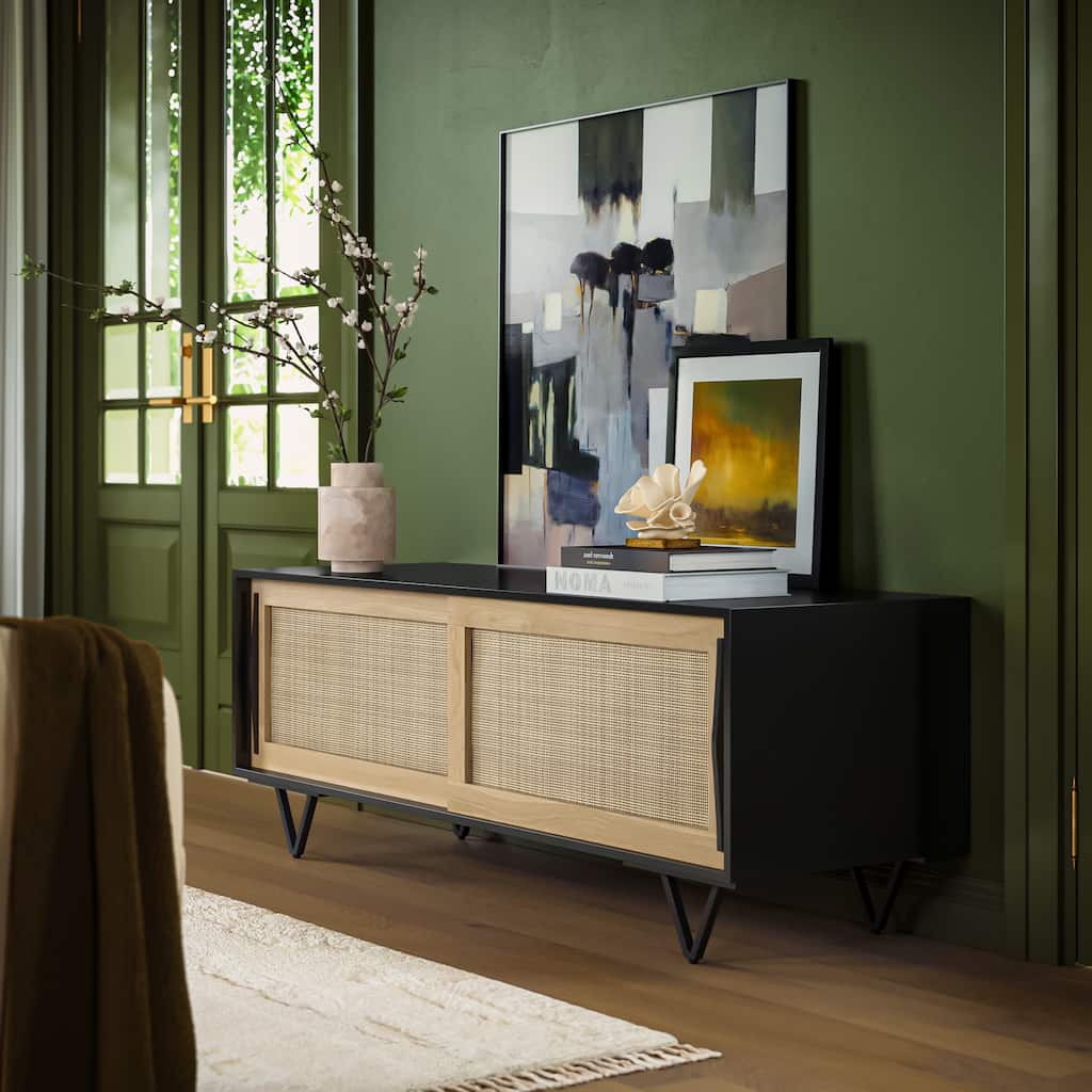 Handcrafted 60-Inch TV Media Console with Rattan Sliding Doors - Natural Brown And Matte Black Finish