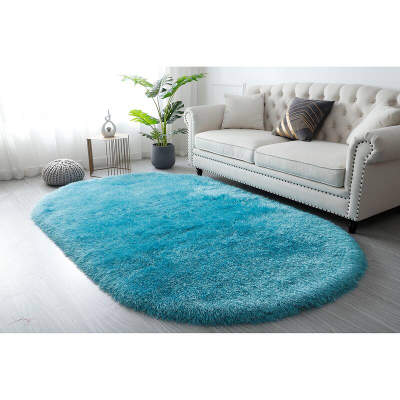 Manhattan Polyester Shag Area Rug - 5'2'' X 7'5'' Oval - Aqua