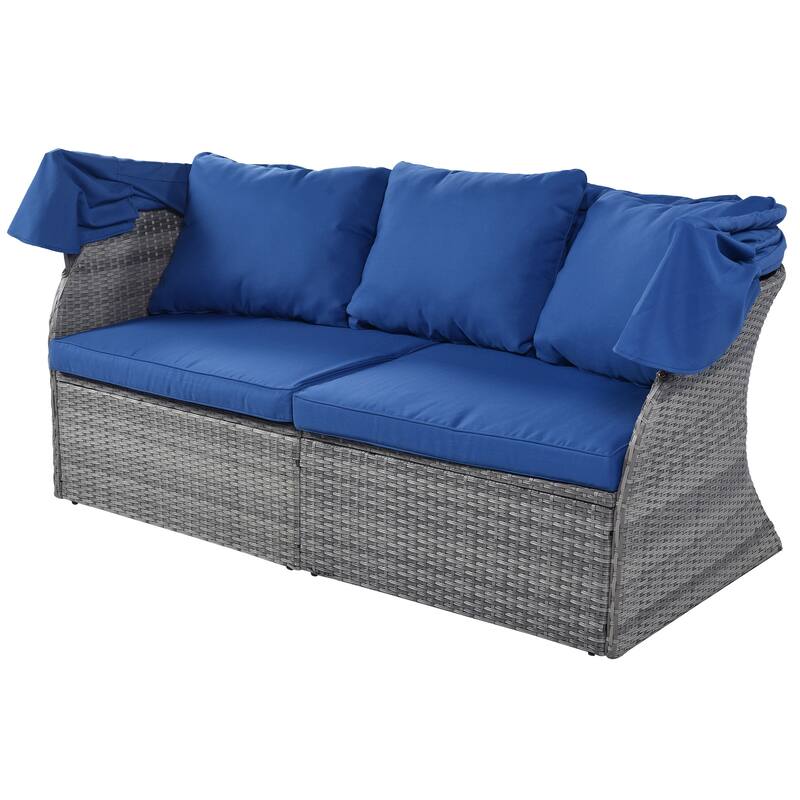 6-Pieces Outdoor Patio Rattan Round Daybed Sunbed Set with Retractable Canopy and Lift Table