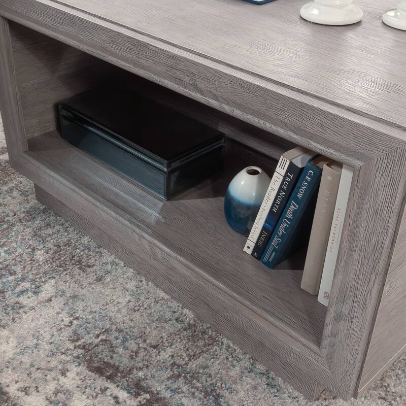 Gray Minimalist Side Table with Drawer and Open Shelf for Living Room Family Room