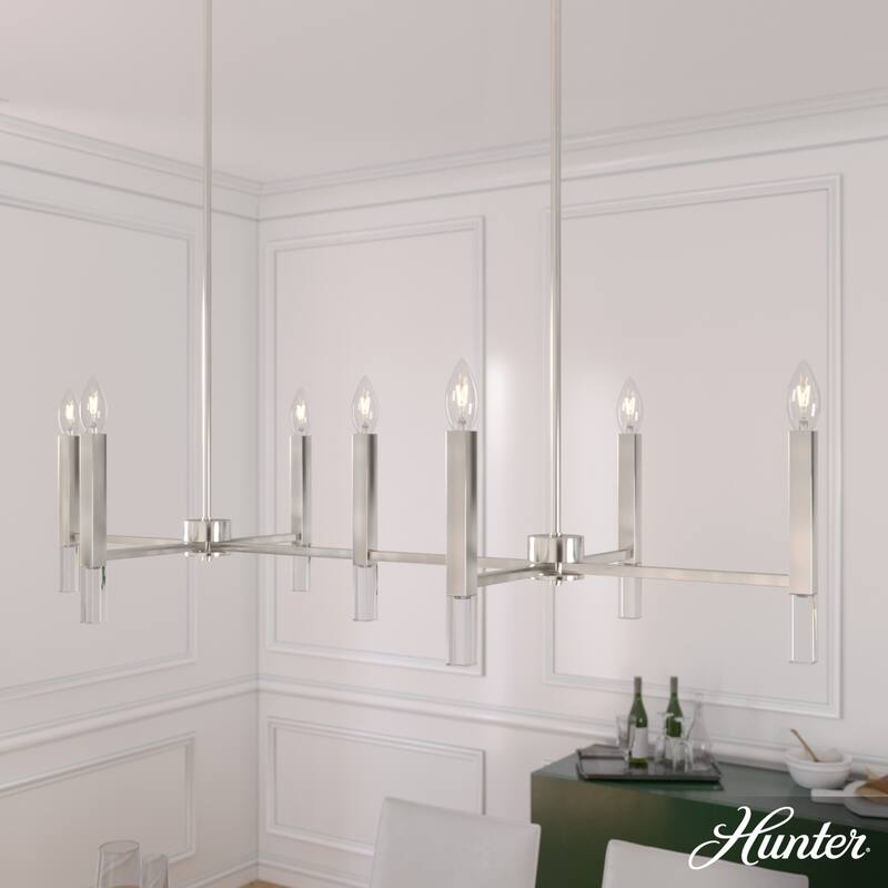 Hunter Sunjai Candle Chandelier - Entry, Kitchen Island, Dining Room, Living Room - Geometric, Glam, Contemporary - 7-Light Linear - Brushed Nickel