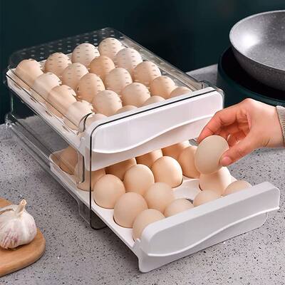 Kitchen Plastic Egg Holder,Fridge 2-tier Organizer Container with Handles