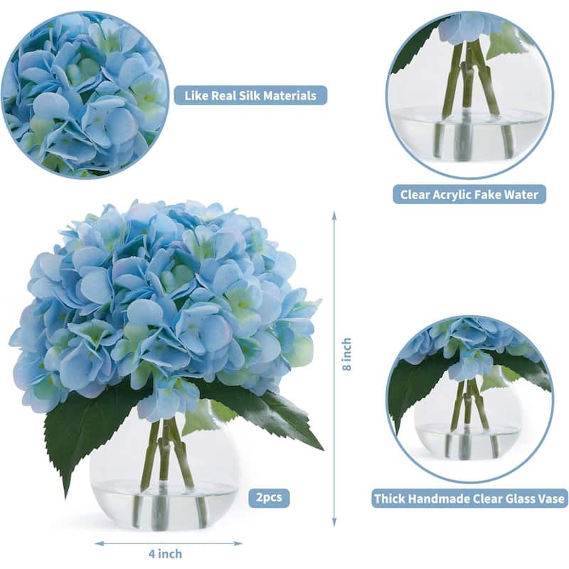 2 Pack Artificial Hydrangea Flowers in Glass Vase with Faux Water for Home Decor - 2 pcs