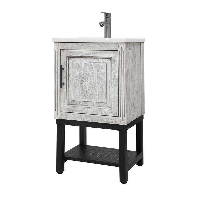 GDFStudio - CompactLine Modern Freestanding Bathroom Vanity with Ceramic Sink and Open Metal Shelf - 20 Inch