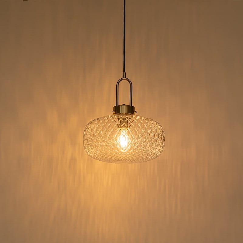1-Light Gold Diamond Textured Glass Pendant Light - 11.81"