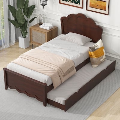 Twin/Full Wood Platform Bed with Headboard and Twin Size Trundle