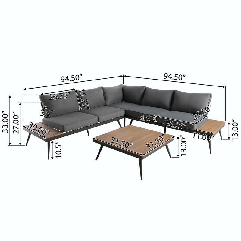 Mid-Century Modern Outdoor Sectional Sofa with Faux Wood Accents