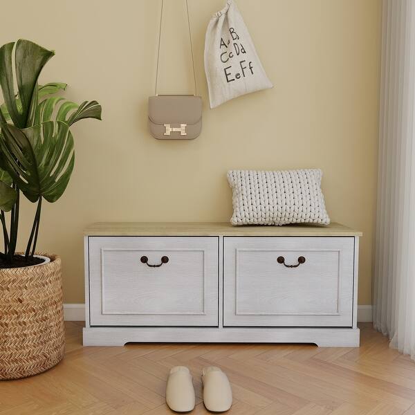 slide 2 of 10, Shoe Storage Bench with 2 Flip Drawers and Adjustable Shelf for Entryway, Hallway Antique White