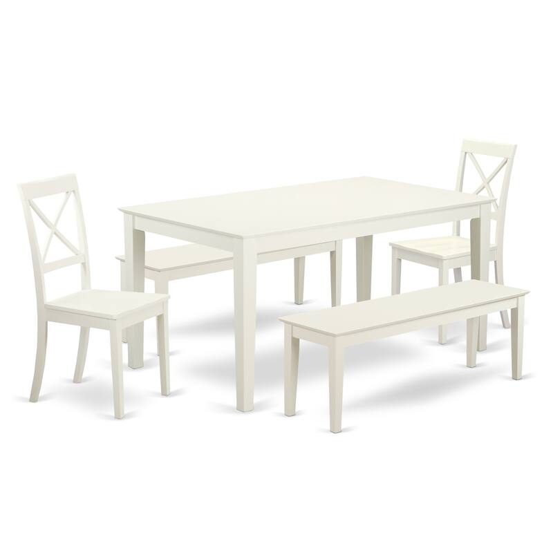 East West Furniture 5 Piece Dining Table Set- a Kitchen Table and 2 Dining Chairs with 2 Benches, 36x60 Inch, Linen White